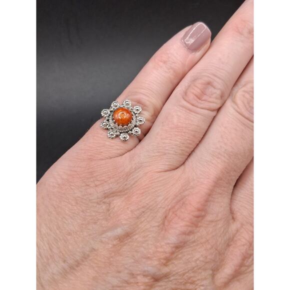 Spiny Oyster Turquoise Ring, Size 6, Southwestern, Orange, Sterling Silver - Picture 6 of 11